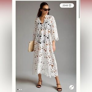 Anthropologie Floral Eyelet Kaftan Dress / Cover Up in white